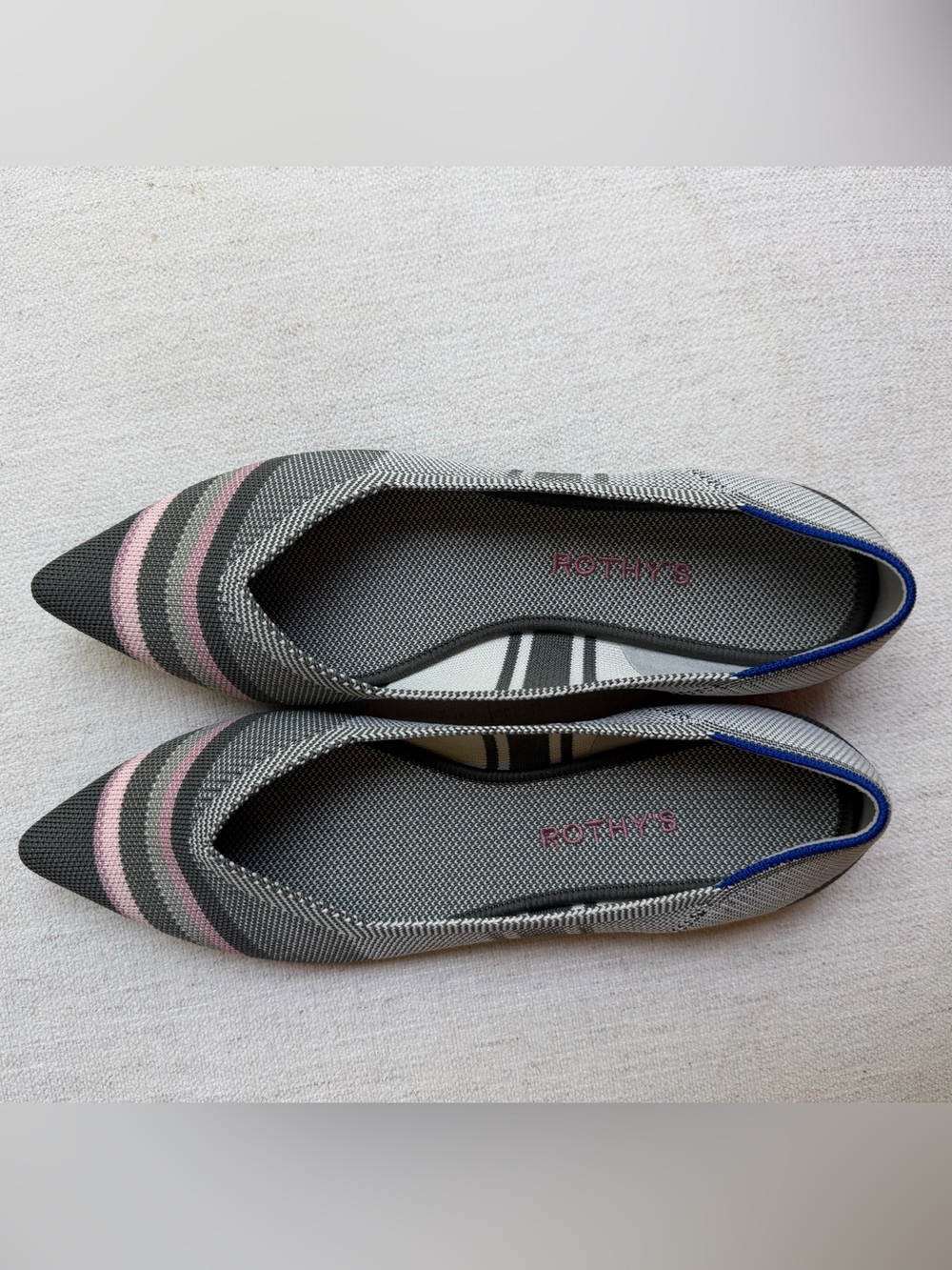 Rothy's Gray and Pink Striped Pointed Knit Flats